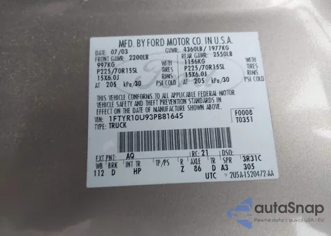 2003 Ford Ranger Edge/Xl/Xlt z USA, uszkodzony, nr VIN 1FTYR10U93PB81645